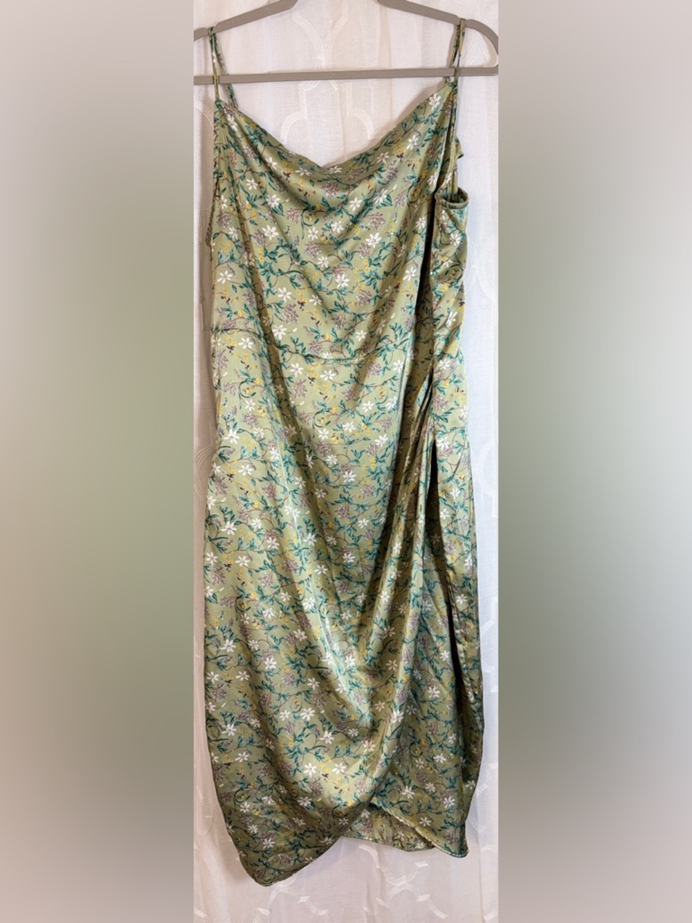 ZOMVA Sage Green Floral Satin Slip Dress | Draped Midi Cowl Neck 3X